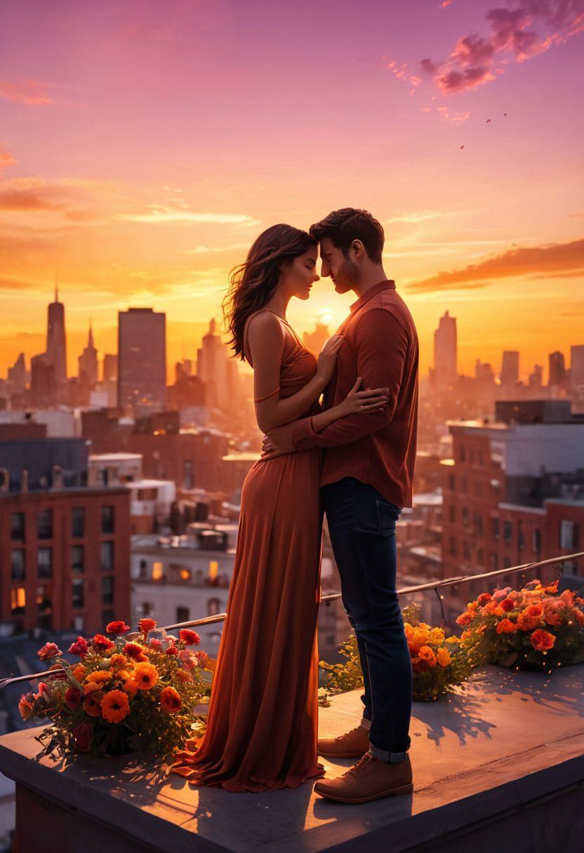 A beautifully intertwined couple standing on a vibrant city rooftop during sunset, symbolizing their passionate journey from flirtation to lasting love. Surround them with soft, glowing lights, flowers floating in the air, and silhouettes of their memories in the background. Incorporate a warm color palette that evokes feelings of romance and connection. super-realistic. vibrant colors. evening light.