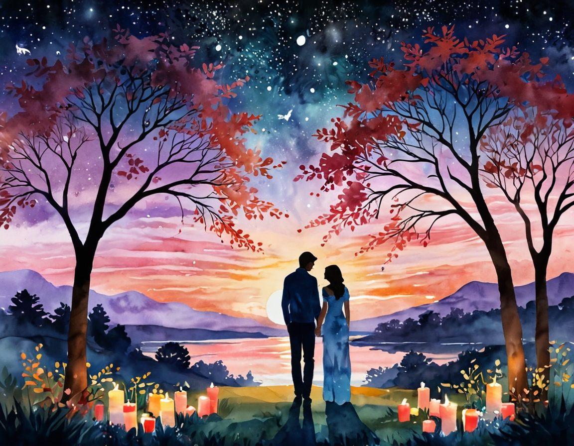 A cozy, intimate setting featuring a couple holding hands, surrounded by softly glowing candles and a gentle breeze that stirs the leaves of nearby trees. In the background, a starry night sky twinkles above, with silhouettes of hearts subtly integrated into the scenery. Warm, inviting colors highlight the emotions of love and connection, evoking a sense of romance. watercolor style. soft brush strokes. vibrant colors.