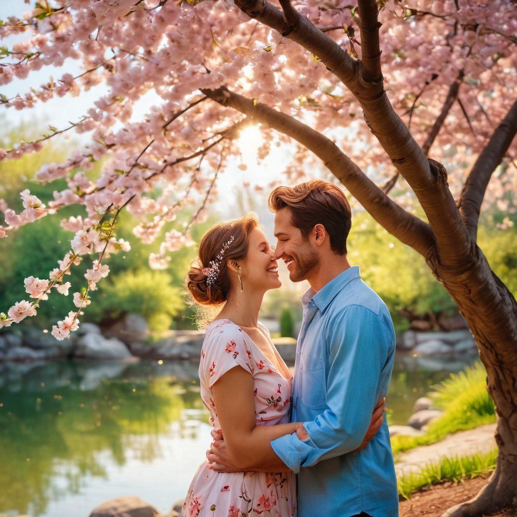A heartfelt scene depicting a couple sharing a tender moment under a blooming cherry blossom tree, surrounded by soft sunlight filtering through the petals. They are laughing together, with their hands intertwined, symbolizing devotion and love. In the background, a serene pond reflects the colorful blossoms, creating a tranquil atmosphere. The colors are warm and inviting, evoking feelings of joy and tenderness. super-realistic. vibrant colors. painting.
